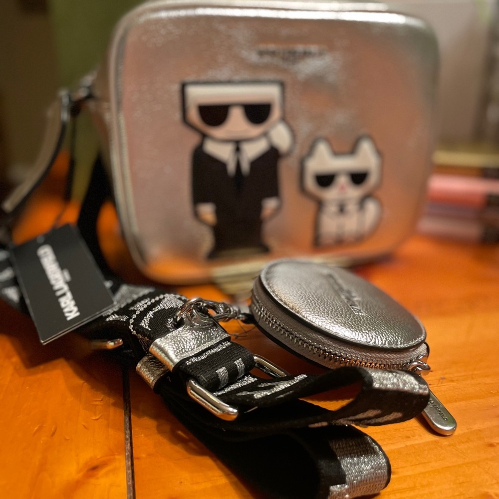 Karl Lagerfeld Silver Bag with Cartoon Characters NWT crossbody and coin purse